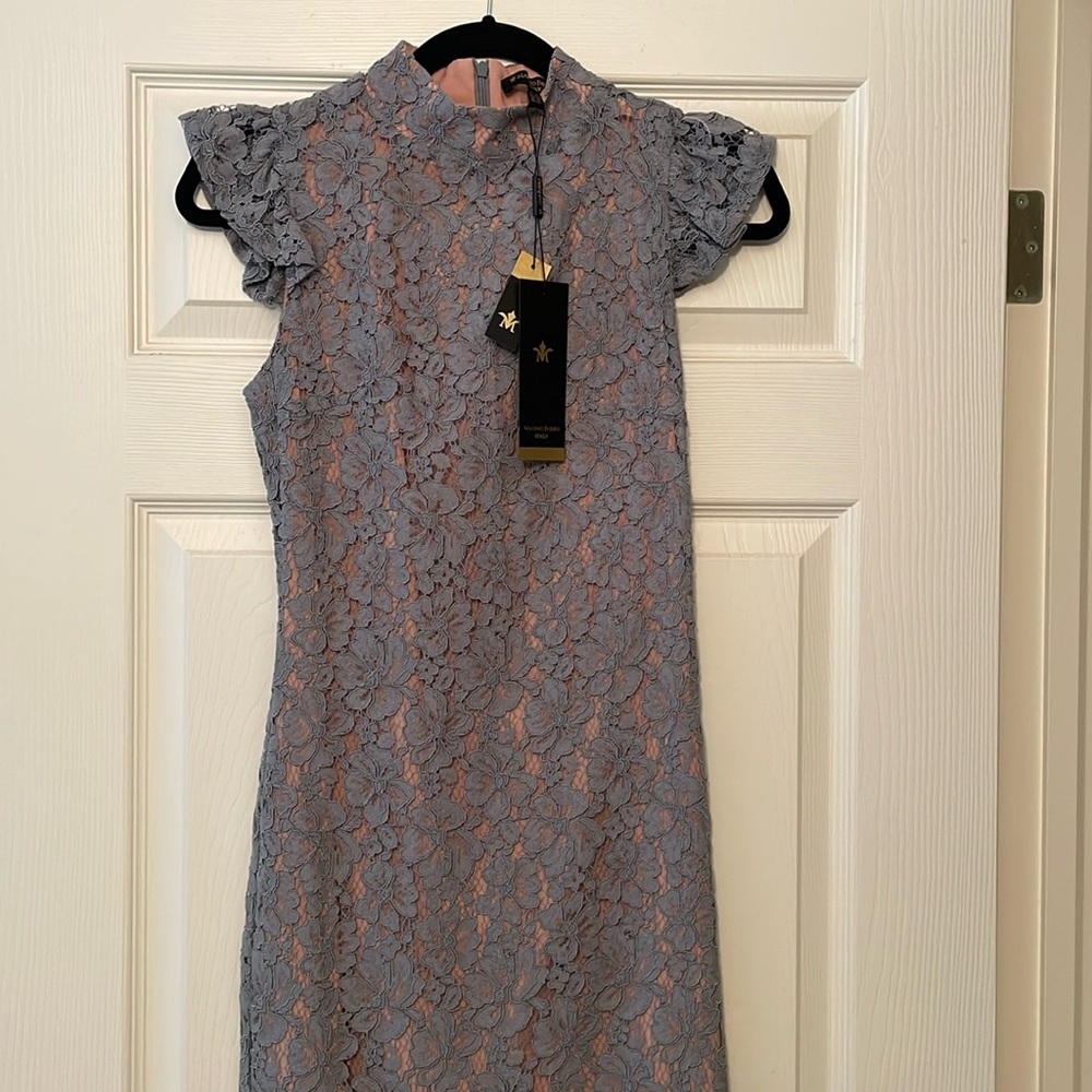 Massimo Gray Mock Neck Sheath Dress Flutter Sleeves